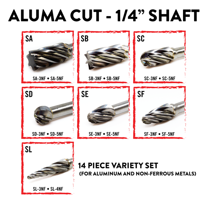 1/4" Shaft - 14 Piece Aluminum Cut Burr Master Set