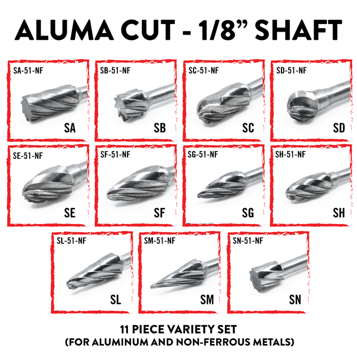 1/8" Shaft - 11 Piece Aluminum Cut Burr Master Set
