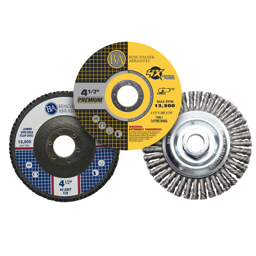Three Benchmark Abrasives wheels: a flap disc, a yellow cutting wheel, and a twisted wire cup brush
