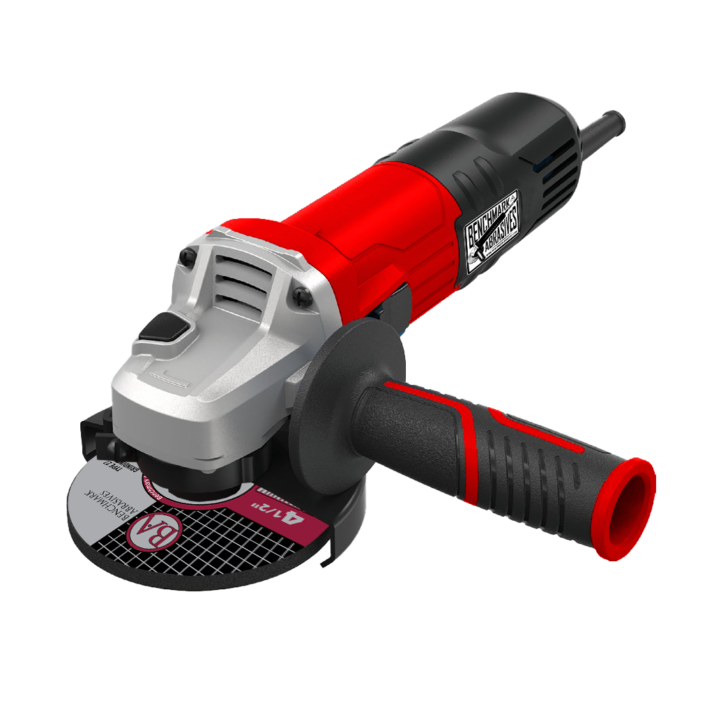 A red and black Benchmark Abrasives branded angle grinder with an attached cutting disc